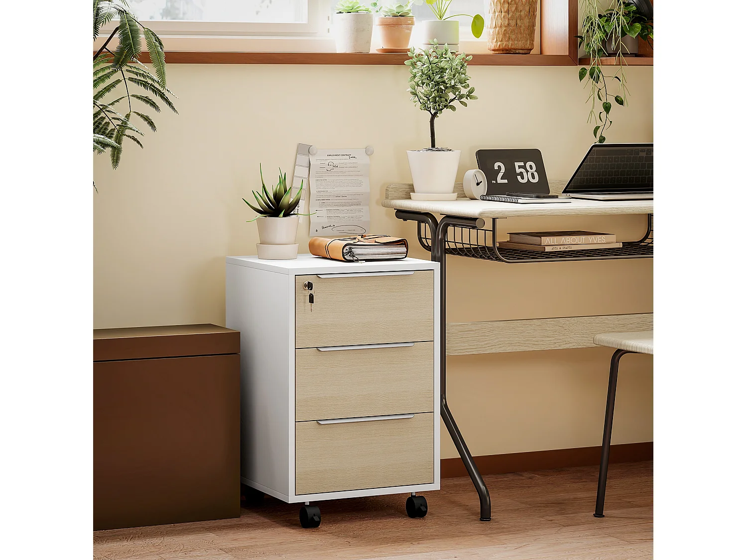 Caisson de bureau rangement bureau sur roulettes 3 tiroirs verrouillables 2 clés fournies panneaux naturel blanc