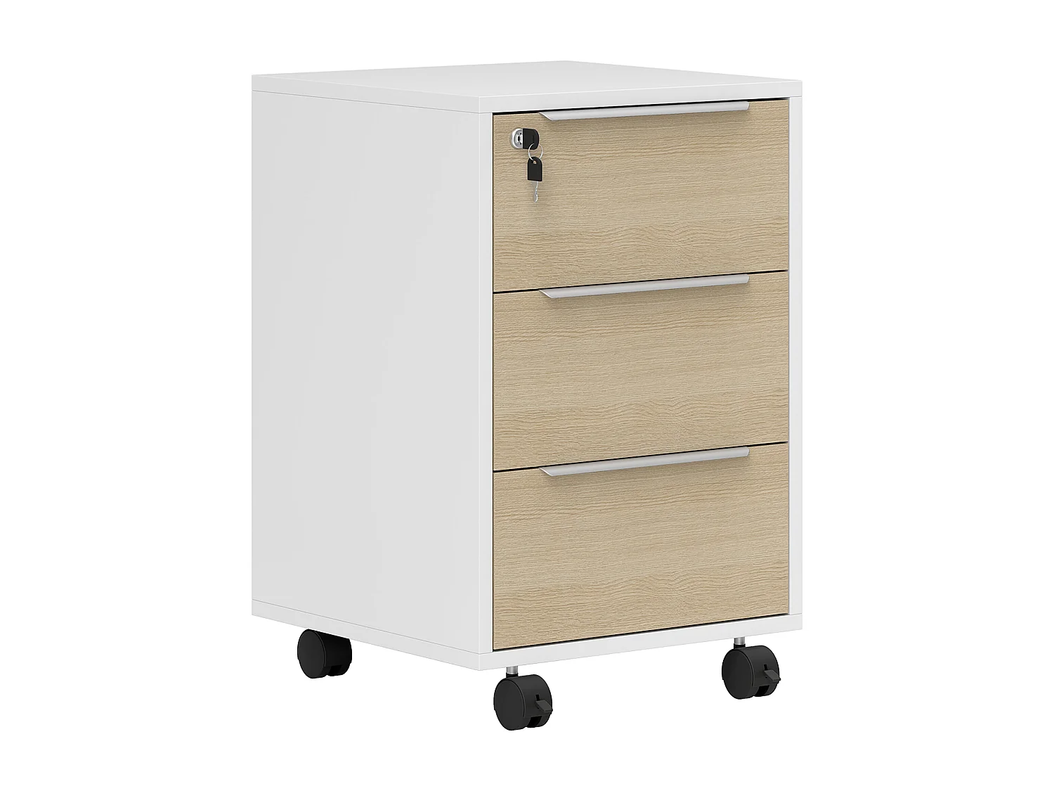 Caisson de bureau rangement bureau sur roulettes 3 tiroirs verrouillables 2 clés fournies panneaux naturel blanc