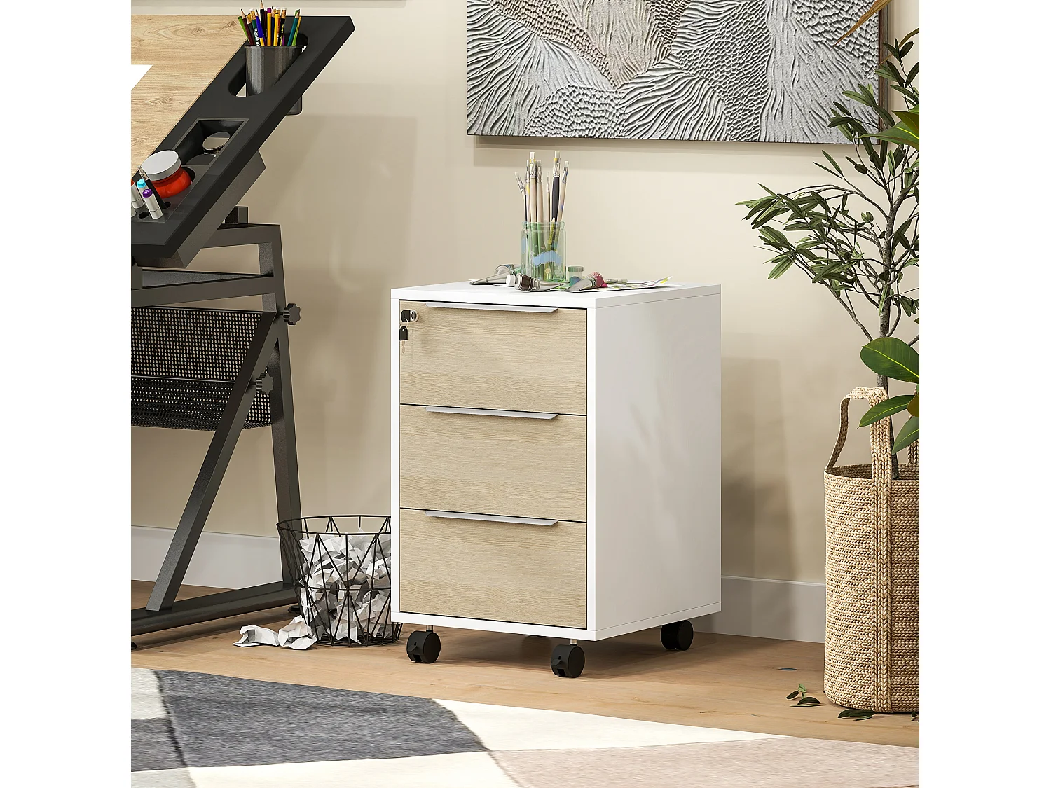 Caisson de bureau rangement bureau sur roulettes 3 tiroirs verrouillables 2 clés fournies panneaux naturel blanc