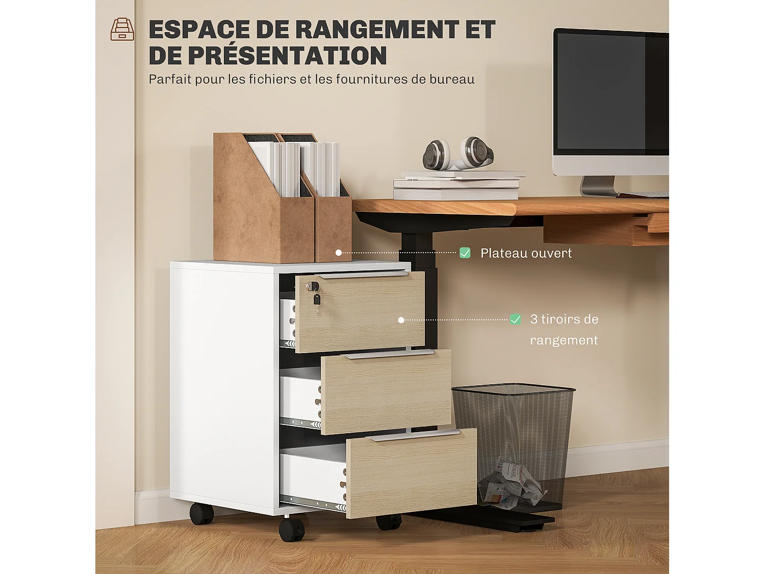 Caisson de bureau rangement bureau sur roulettes 3 tiroirs verrouillables 2 clés fournies panneaux naturel blanc