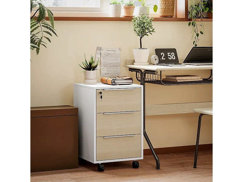 Caisson de bureau rangement bureau sur roulettes 3 tiroirs verrouillables 2 clés fournies panneaux naturel blanc