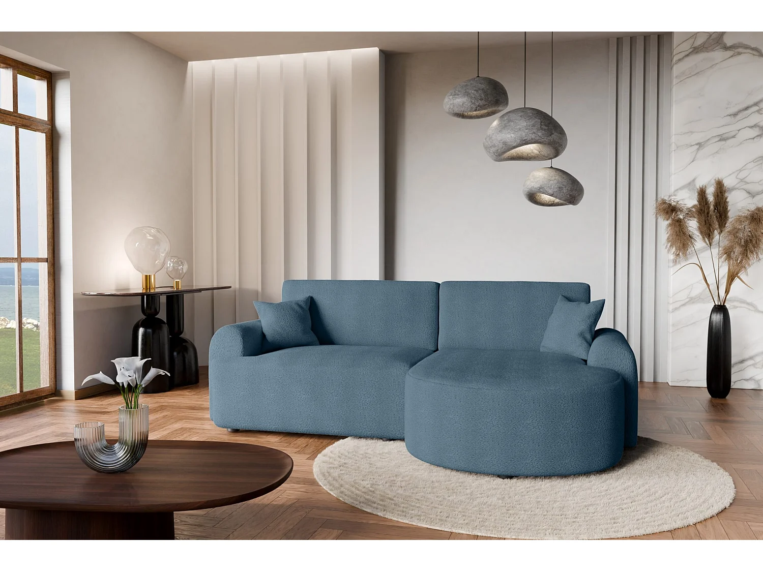 Canapé d’angle droit moderne avec fonction couchage en bouclé bleu – ARTE PREMIUM, direct fabricant