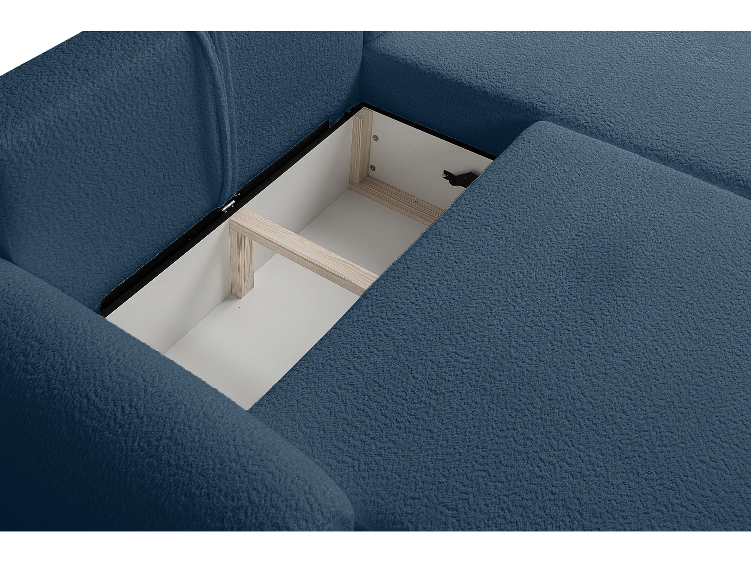 Canapé d’angle droit moderne avec fonction couchage en bouclé bleu – ARTE PREMIUM, direct fabricant