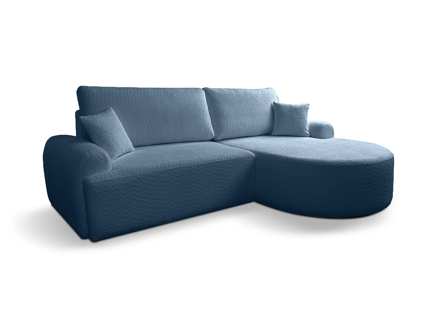 Canapé d’angle droit moderne avec fonction couchage en bouclé bleu – ARTE PREMIUM, direct fabricant