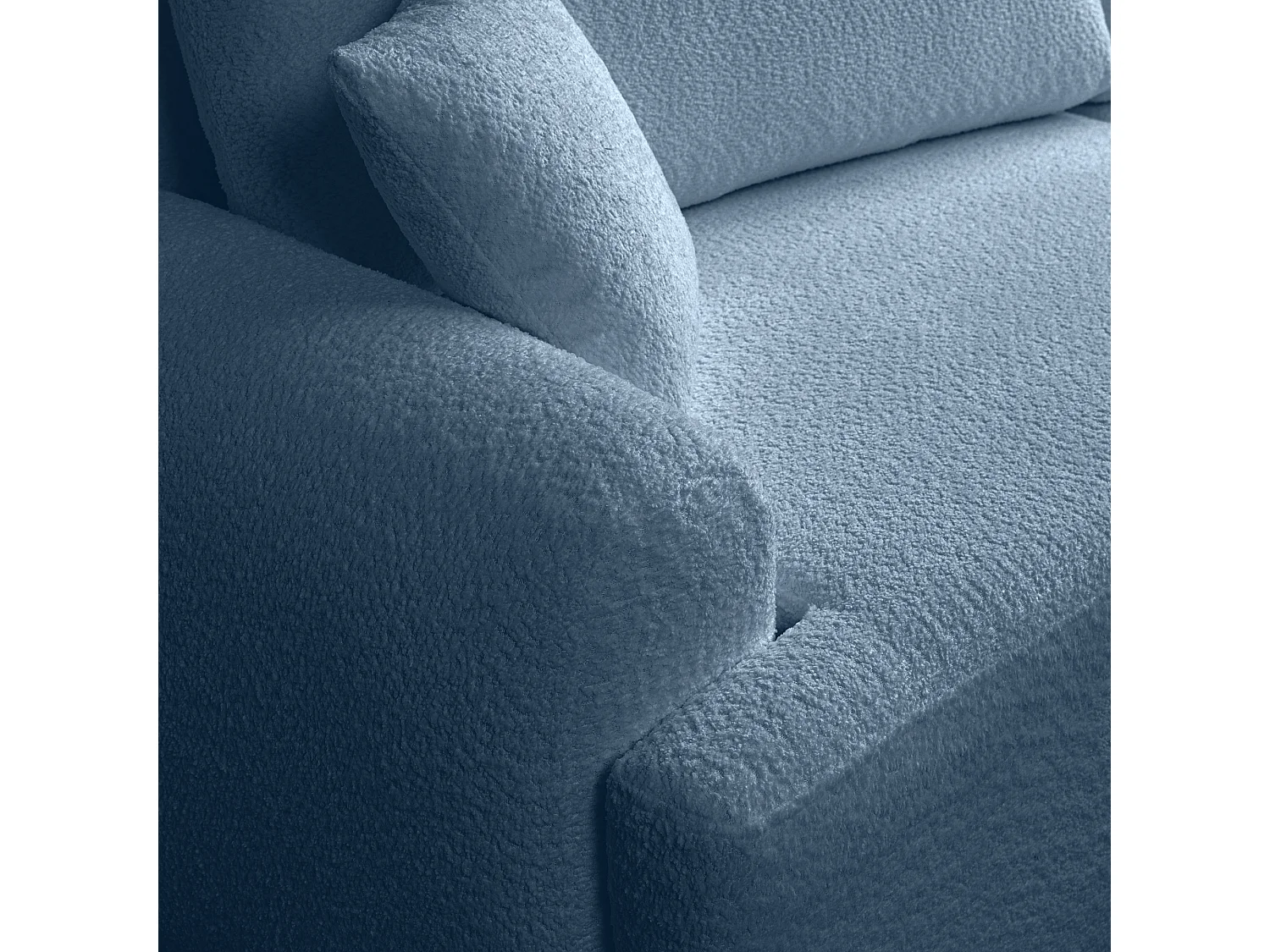 Canapé d’angle droit moderne avec fonction couchage en bouclé bleu – ARTE PREMIUM, direct fabricant