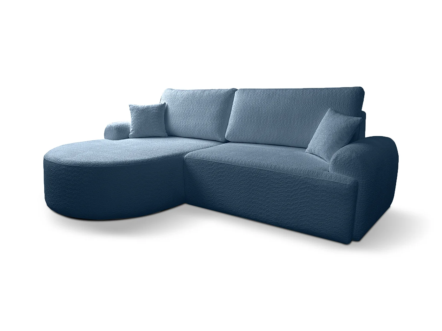 Canapé d’angle gauche moderne avec fonction couchage en bouclé bleu – ARTE PREMIUM, direct fabricant