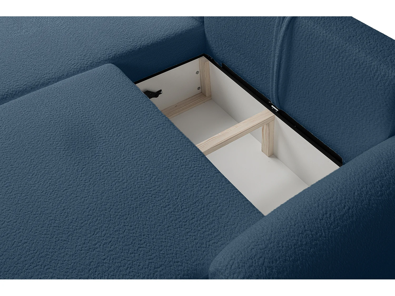 Canapé d’angle gauche moderne avec fonction couchage en bouclé bleu – ARTE PREMIUM, direct fabricant