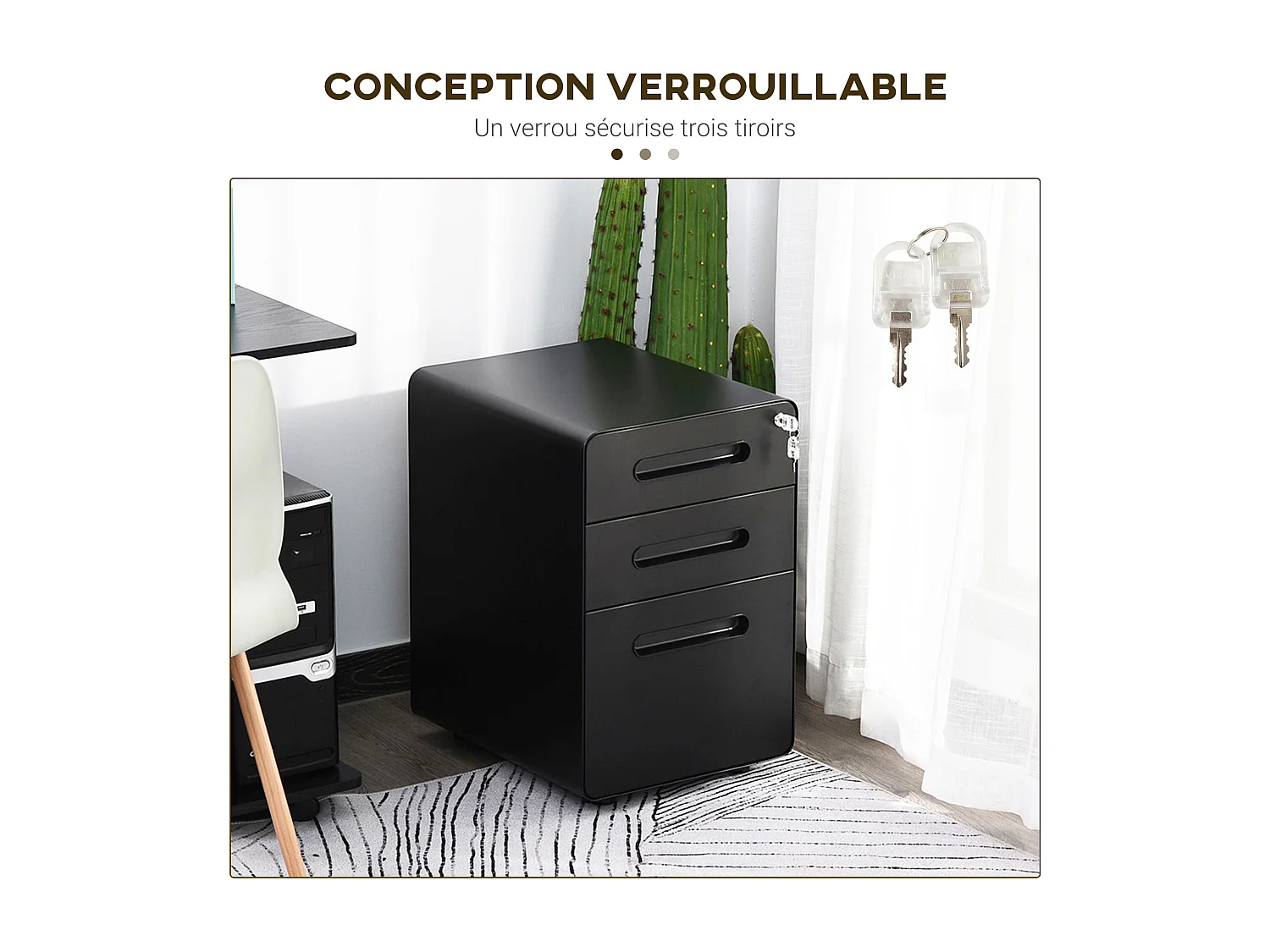 Caisson mobile 3 tiroirs - caisson bureau mobile verrouillable - acier laminé à froid noir