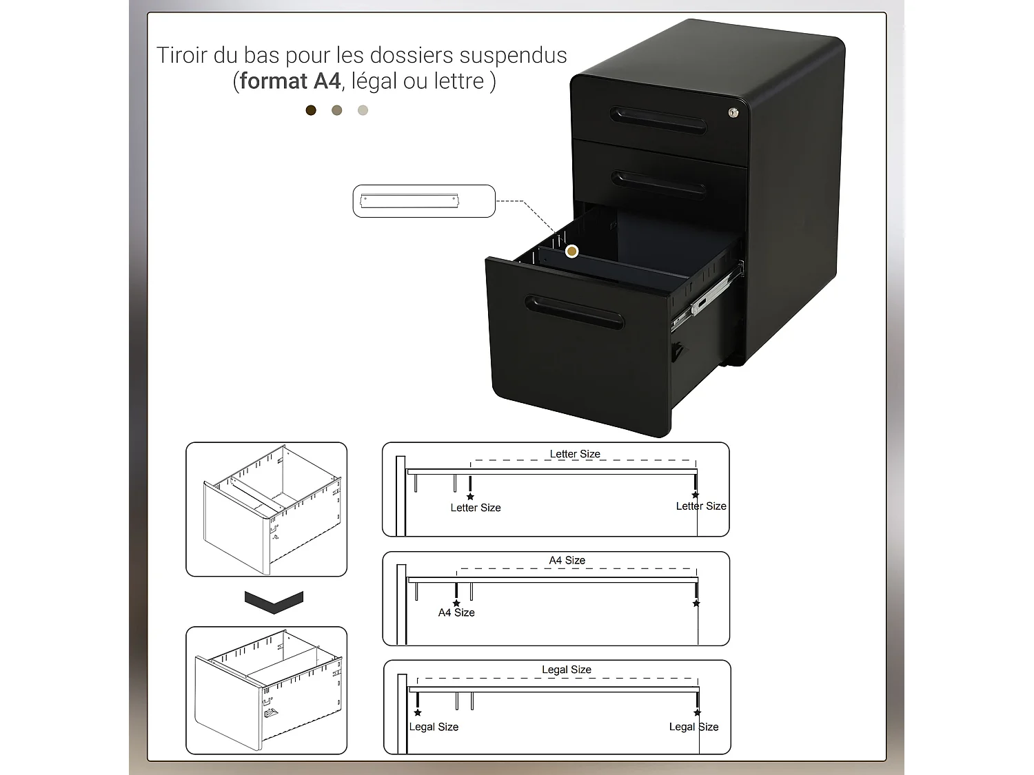 Caisson mobile 3 tiroirs - caisson bureau mobile verrouillable - acier laminé à froid noir