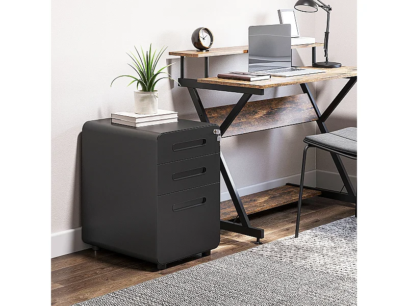 Caisson mobile 3 tiroirs - caisson bureau mobile verrouillable - acier laminé à froid noir