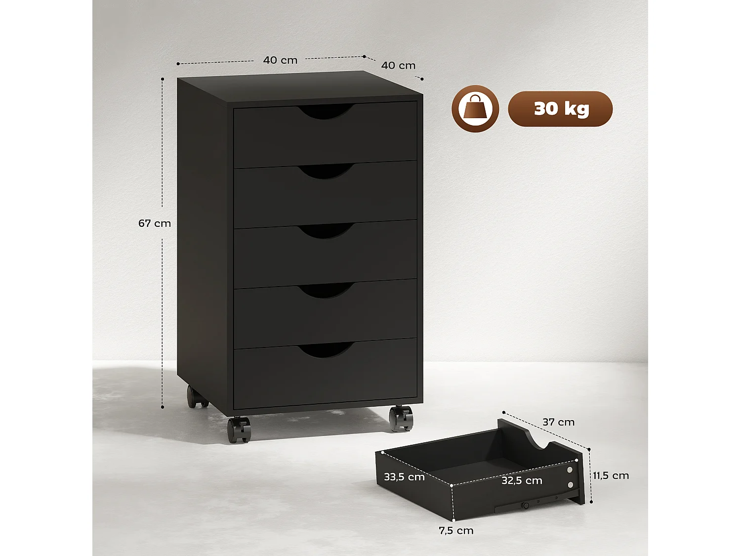 Caisson bureau 5 tiroirs mobile dim. 40x40x67cm noir