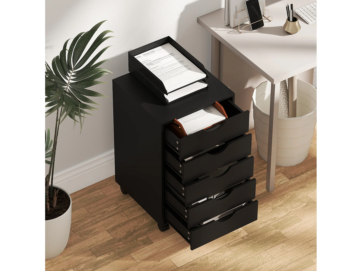 Caisson bureau 5 tiroirs mobile dim. 40x40x67cm noir