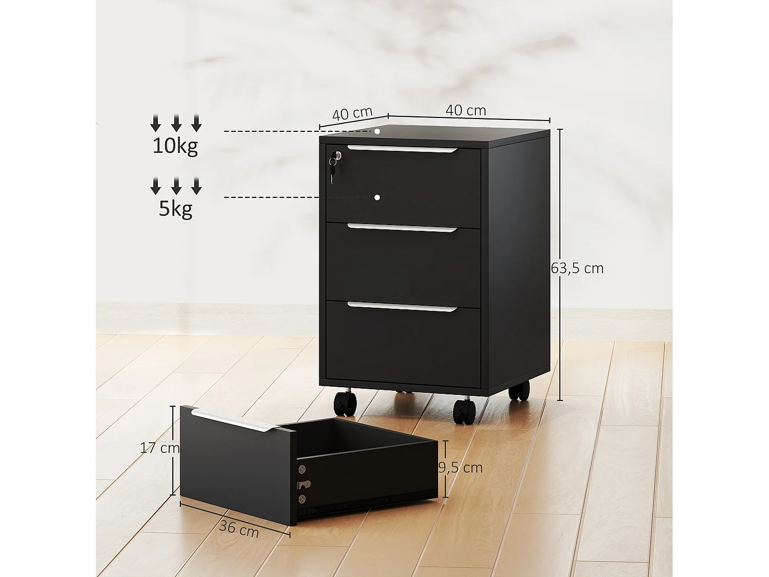 Caisson de bureau rangement bureau sur roulettes 3 tiroirs verrouillables 2 clés fournies panneaux noir