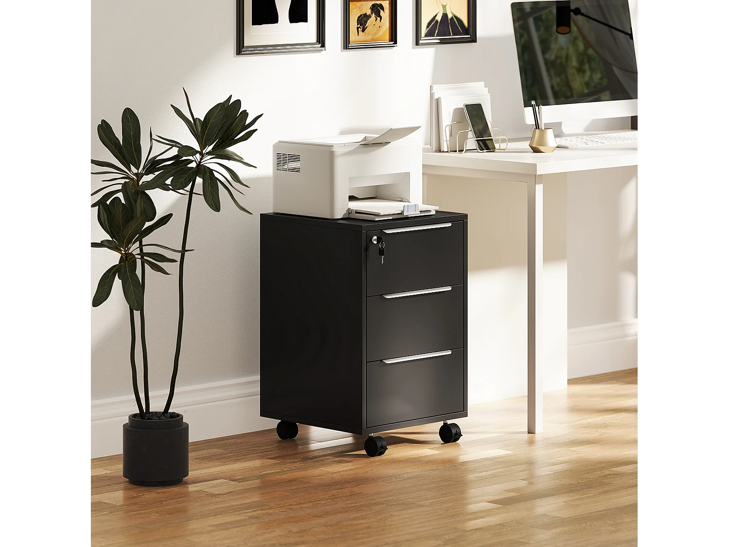 Caisson de bureau rangement bureau sur roulettes 3 tiroirs verrouillables 2 clés fournies panneaux noir