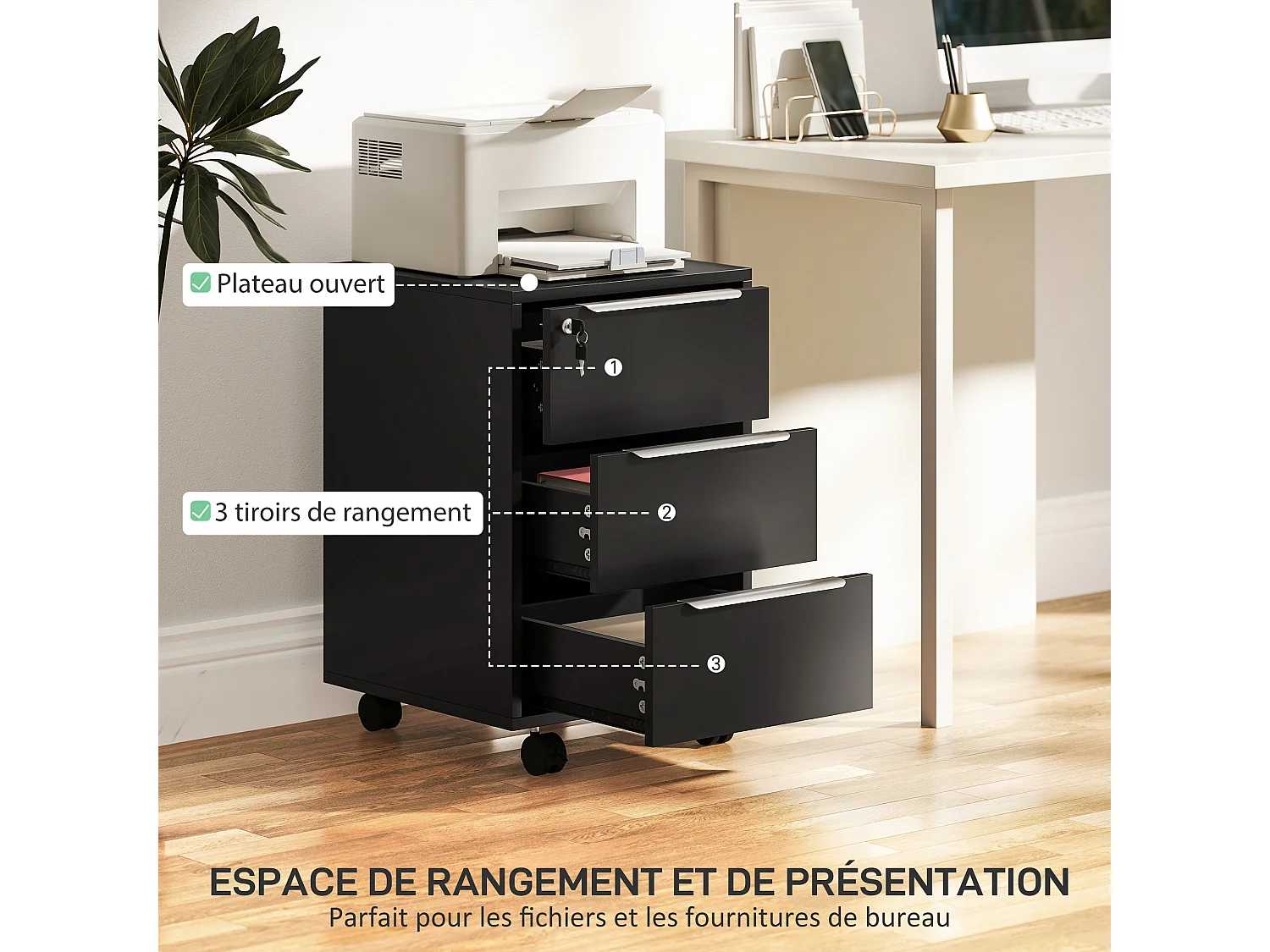 Caisson de bureau rangement bureau sur roulettes 3 tiroirs verrouillables 2 clés fournies panneaux noir