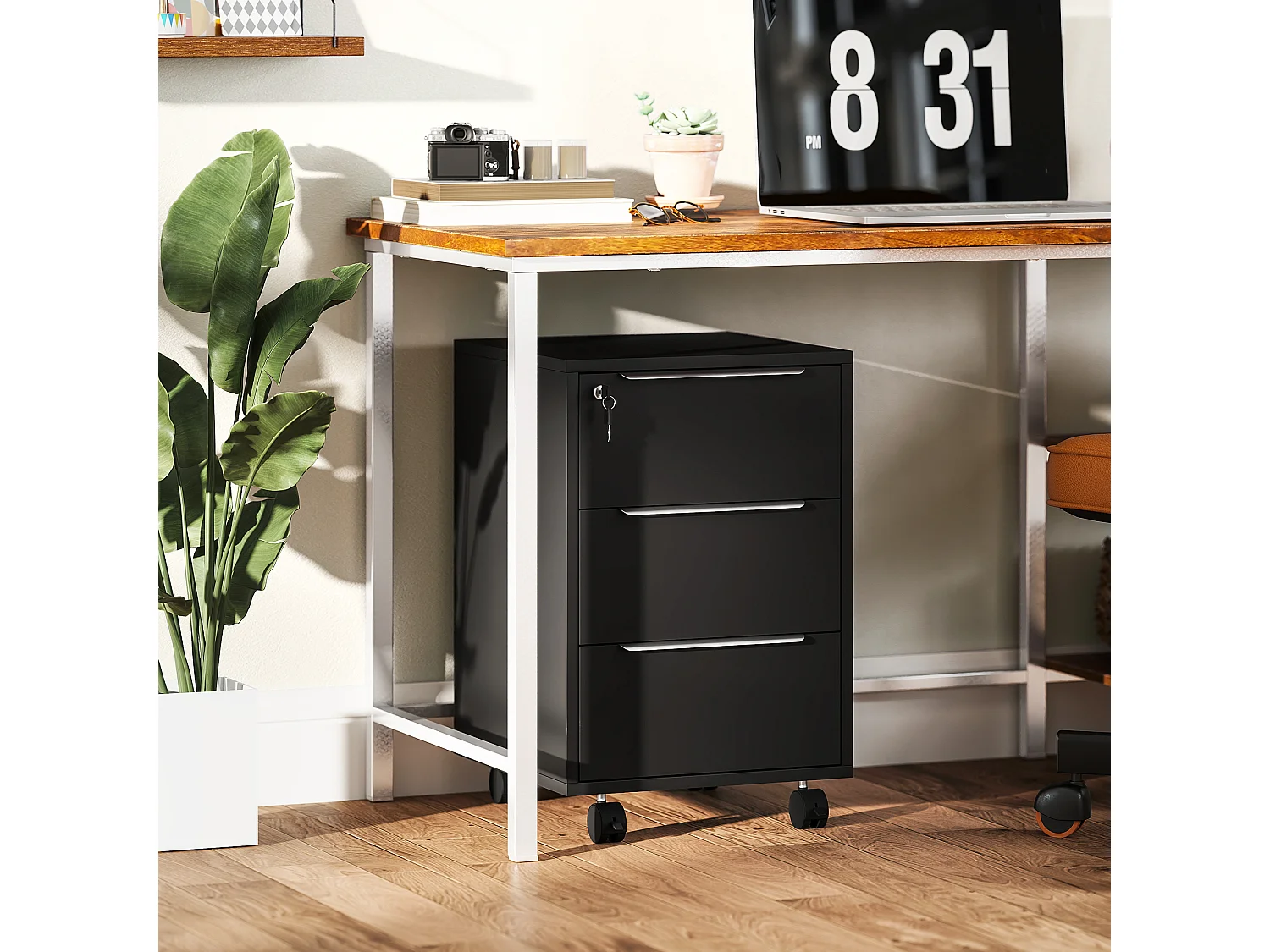 Caisson de bureau rangement bureau sur roulettes 3 tiroirs verrouillables 2 clés fournies panneaux noir