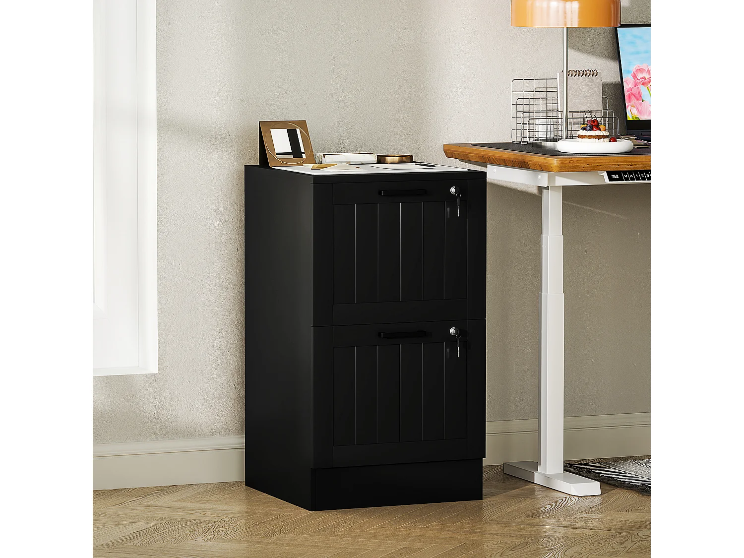 Caisson bureau 2 tiroirs verrouillables dossiers suspendus dim. 40x40x71cm MDF noir