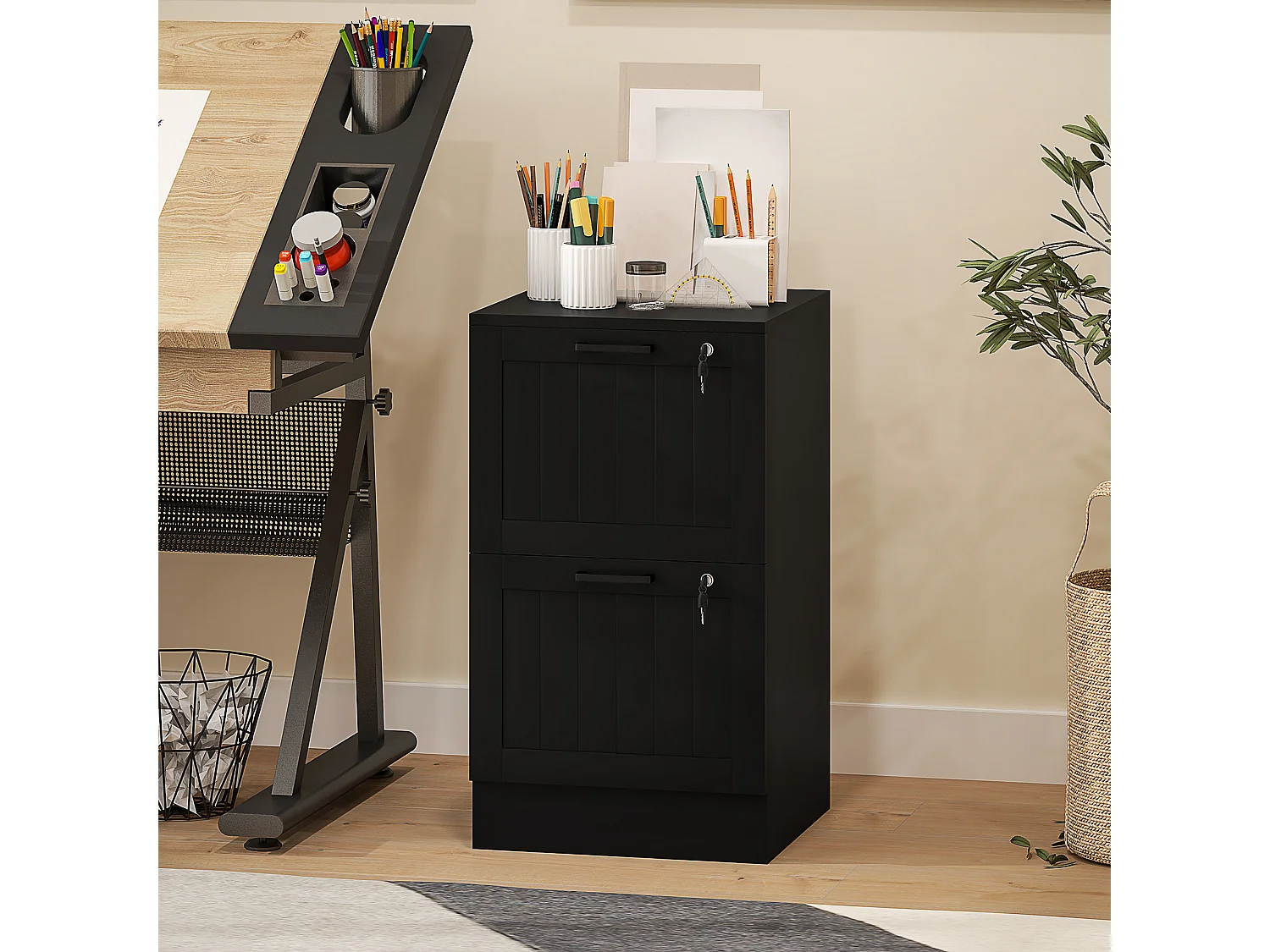 Caisson bureau 2 tiroirs verrouillables dossiers suspendus dim. 40x40x71cm MDF noir