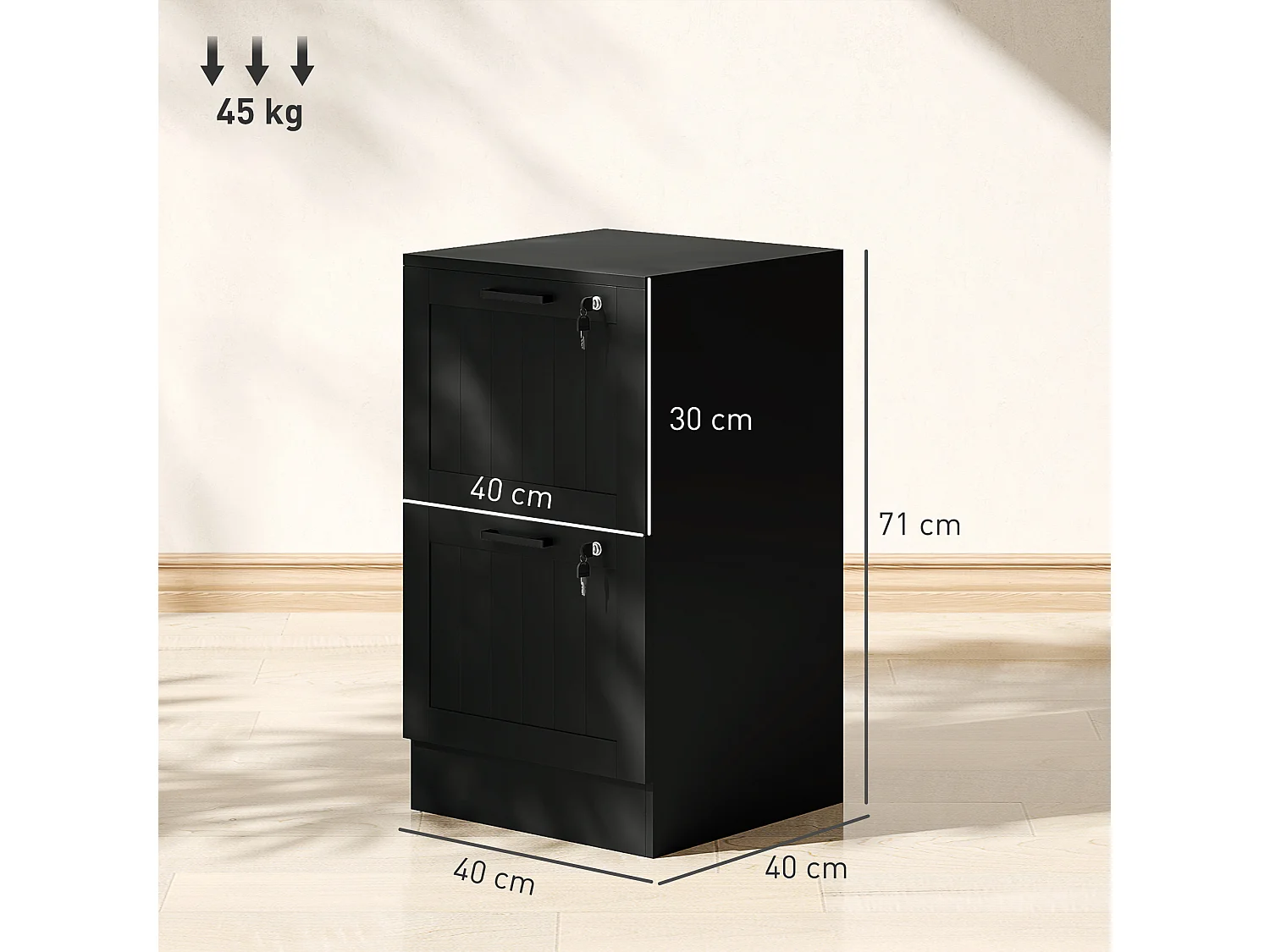 Caisson bureau 2 tiroirs verrouillables dossiers suspendus dim. 40x40x71cm MDF noir