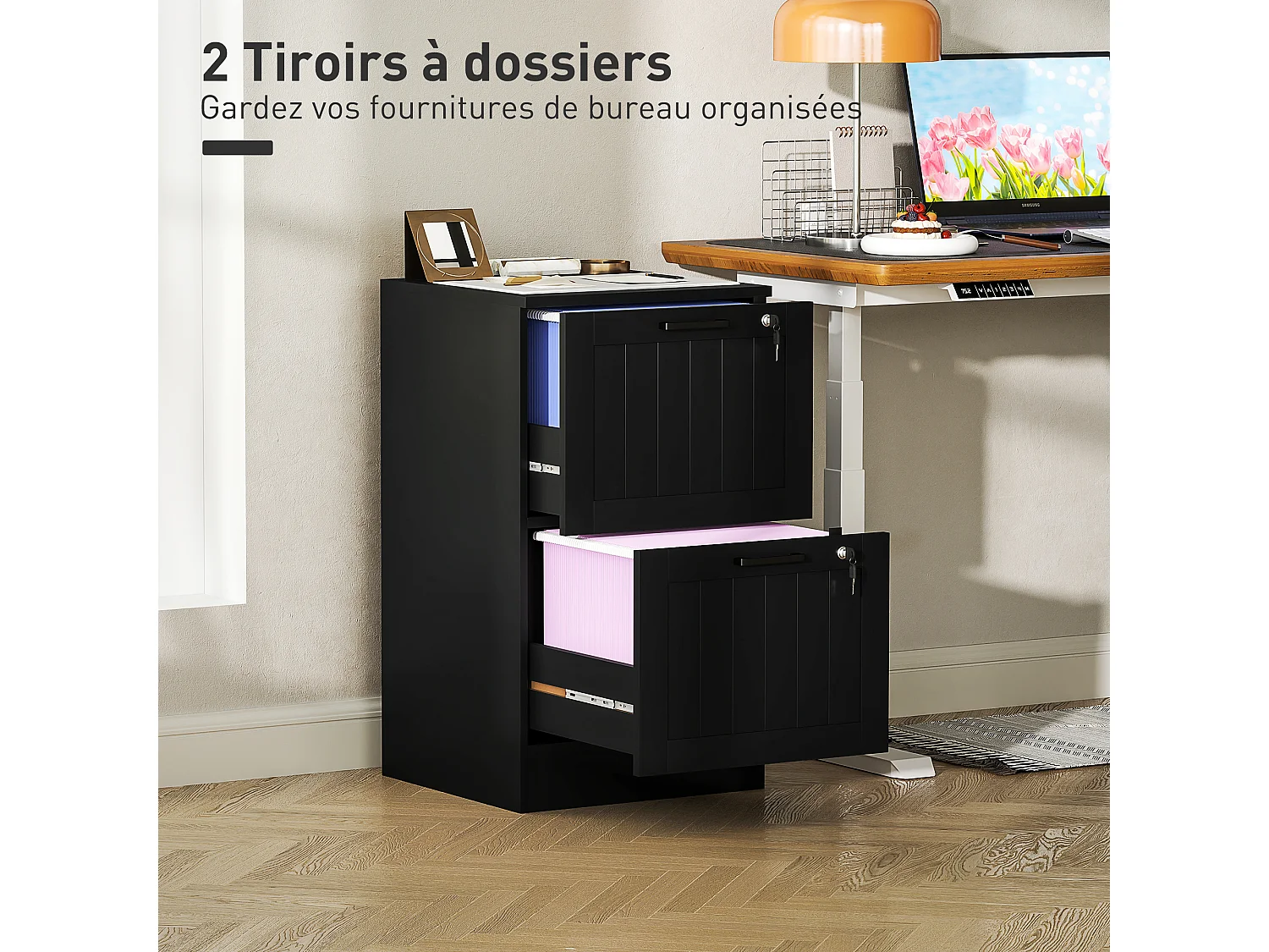 Caisson bureau 2 tiroirs verrouillables dossiers suspendus dim. 40x40x71cm MDF noir