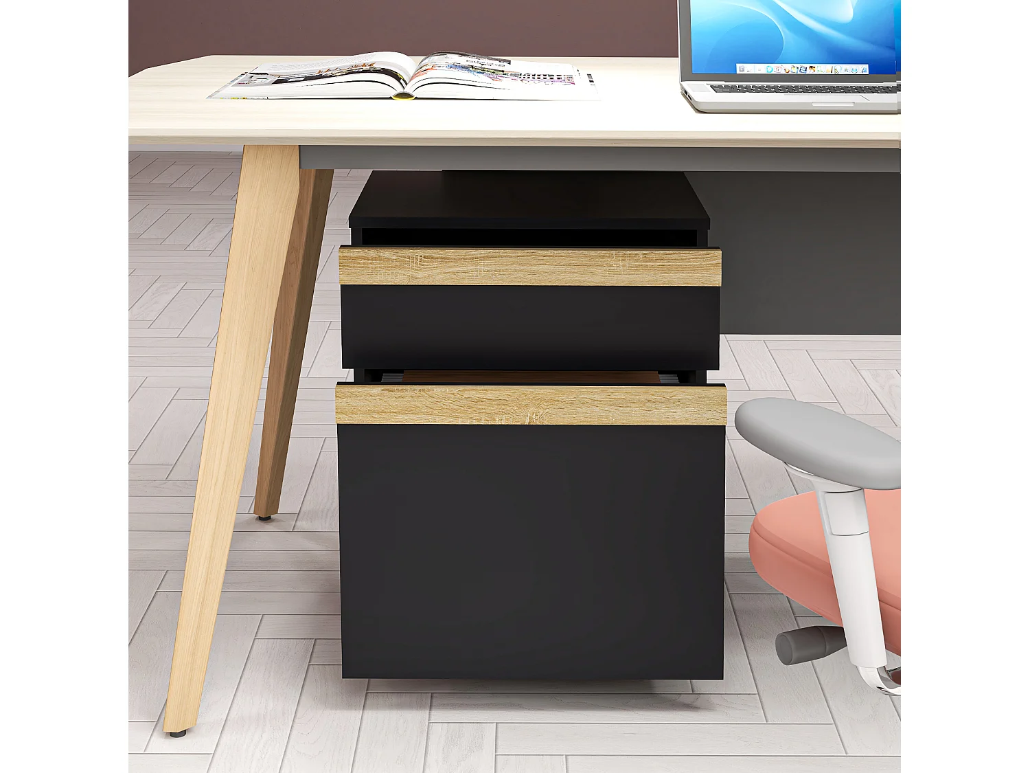 Caisson de bureau rangement bureau sur roulettes tiroir coulissant et tiroir dossiers suspendus noir aspect chêne clair