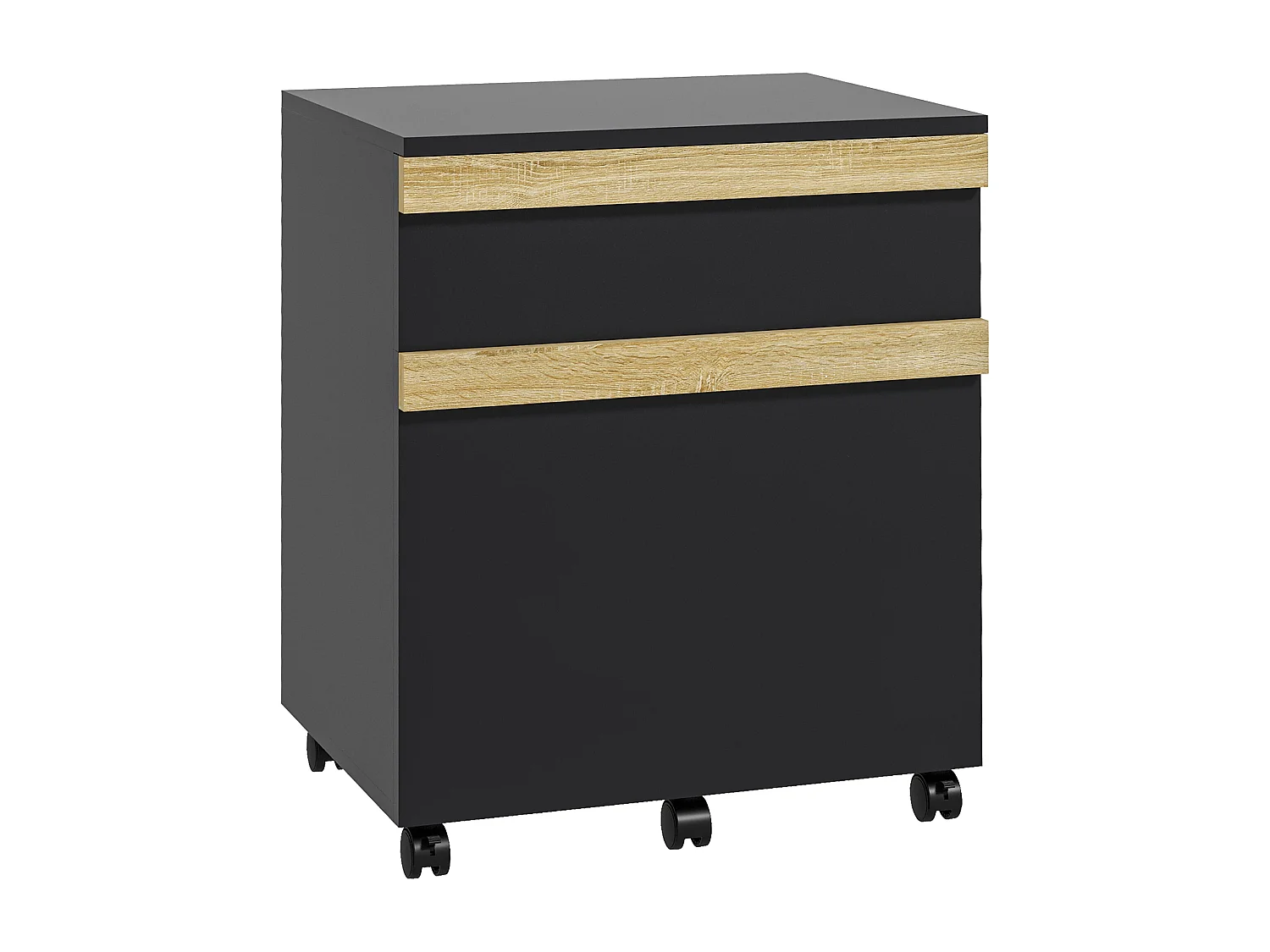 Caisson de bureau rangement bureau sur roulettes tiroir coulissant et tiroir dossiers suspendus noir aspect chêne clair