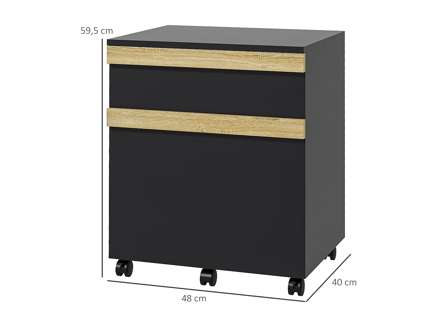 Caisson de bureau rangement bureau sur roulettes tiroir coulissant et tiroir dossiers suspendus noir aspect chêne clair