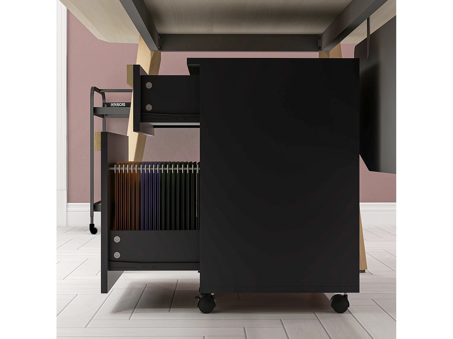 Caisson de bureau rangement bureau sur roulettes tiroir coulissant et tiroir dossiers suspendus noir aspect chêne clair