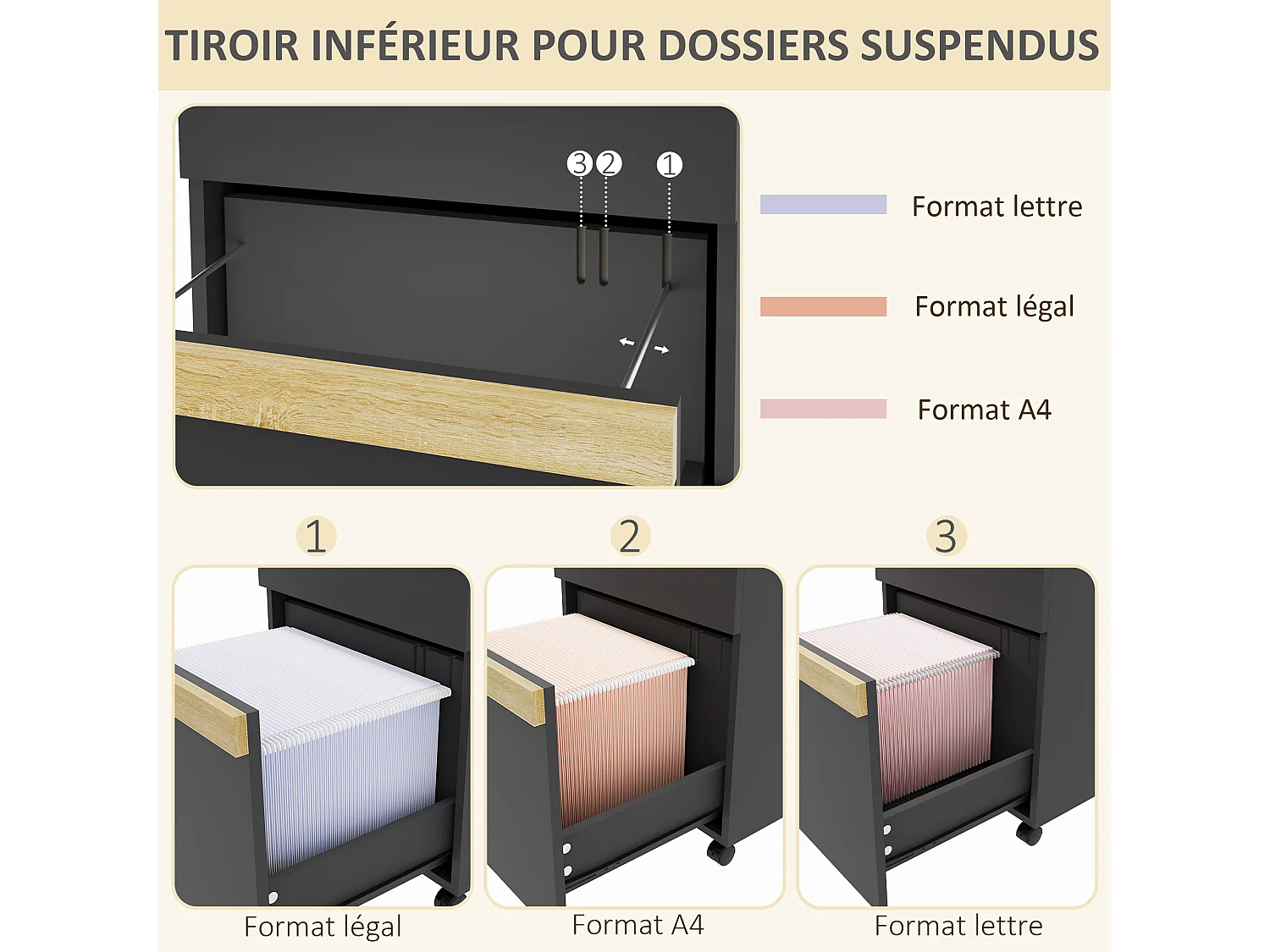 Caisson de bureau rangement bureau sur roulettes tiroir coulissant et tiroir dossiers suspendus noir aspect chêne clair