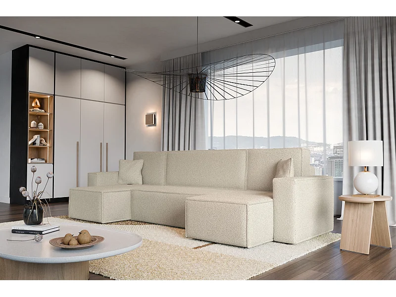 Divano angolare convertibile con funzione letto in tessuto bouclé beige Karl U PREMIUM