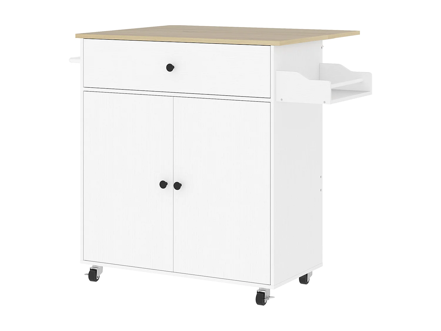 Desserte de cuisine 2 portes étagère tiroir support épices porte-serviette blanc effet bois naturel