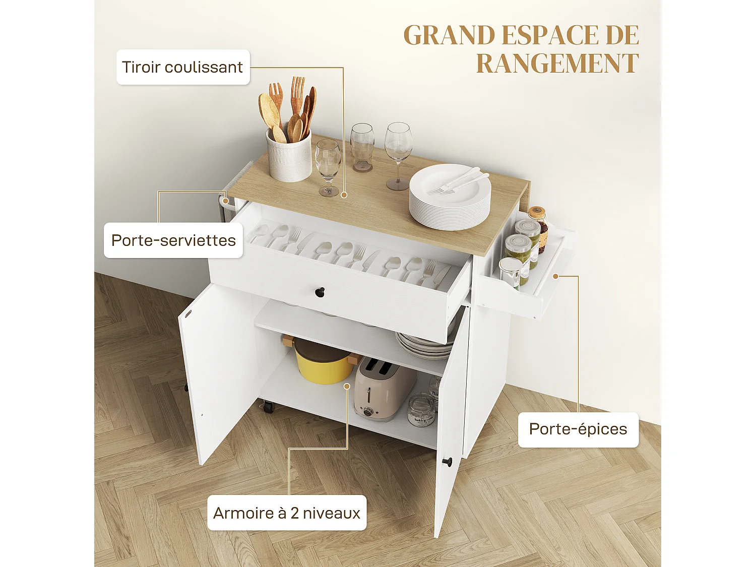 Desserte de cuisine 2 portes étagère tiroir support épices porte-serviette blanc effet bois naturel