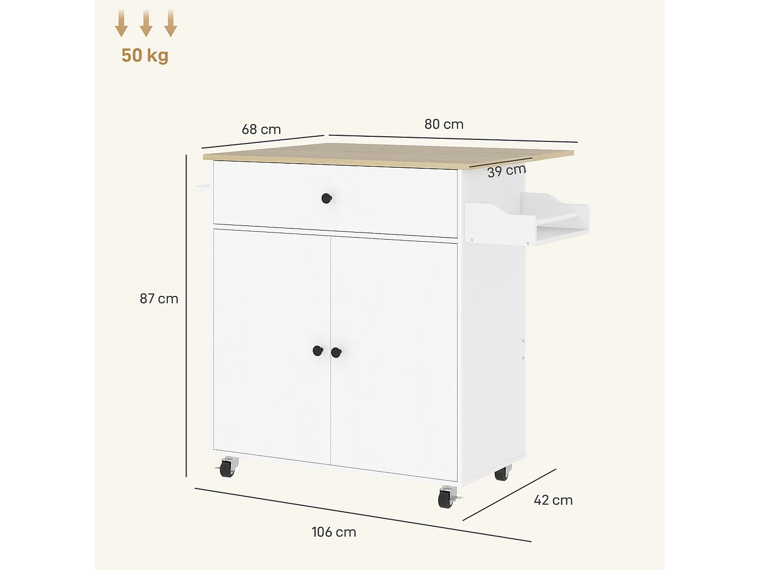 Desserte de cuisine 2 portes étagère tiroir support épices porte-serviette blanc effet bois naturel