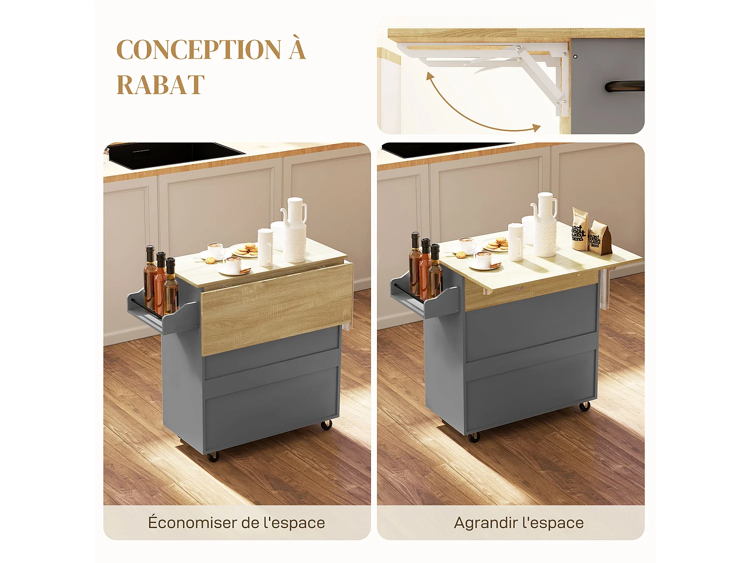 Desserte de cuisine 2 portes étagère tiroir support épices porte-serviette gris effet bois naturel