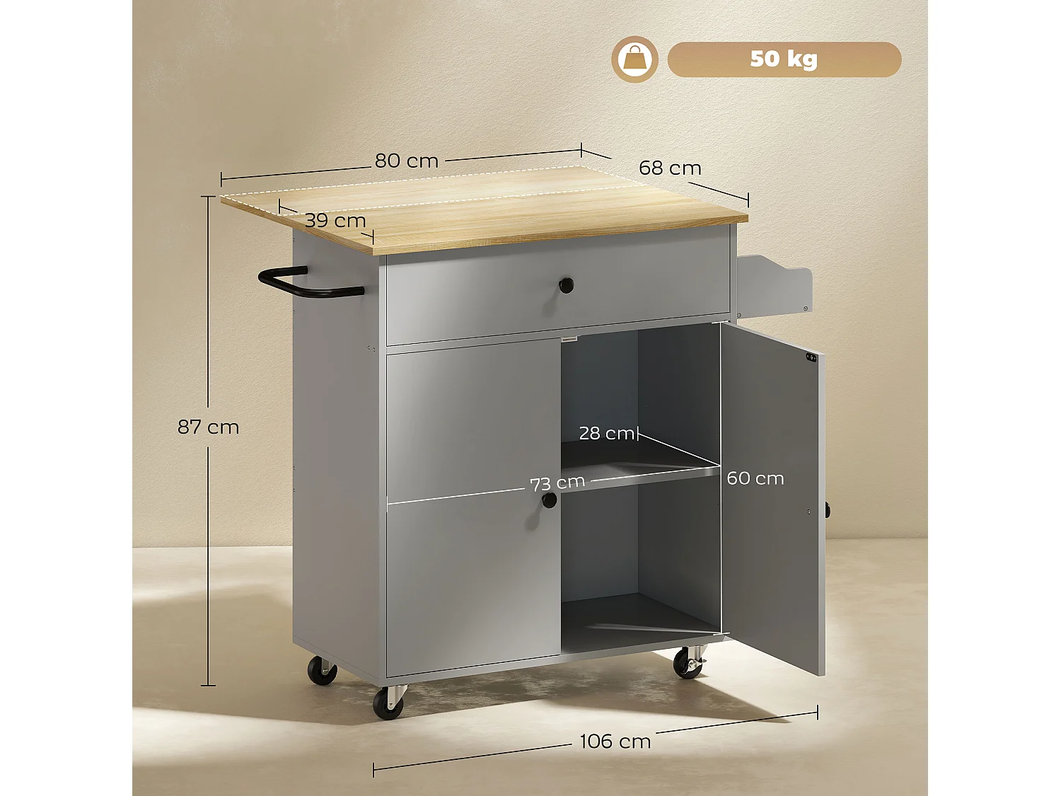 Desserte de cuisine 2 portes étagère tiroir support épices porte-serviette gris effet bois naturel