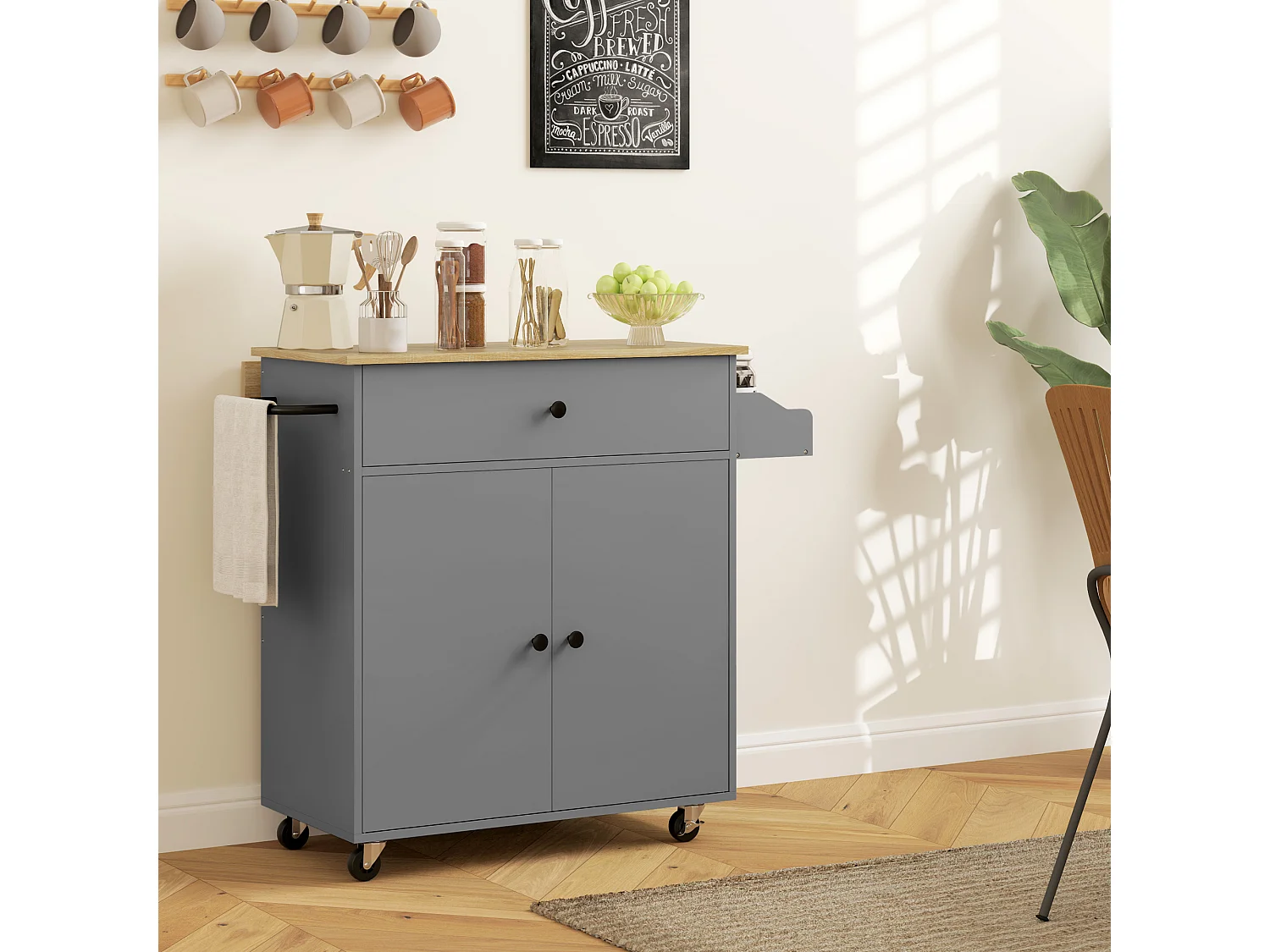 Desserte de cuisine 2 portes étagère tiroir support épices porte-serviette gris effet bois naturel