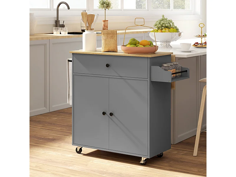 Desserte de cuisine 2 portes étagère tiroir support épices porte-serviette gris effet bois naturel