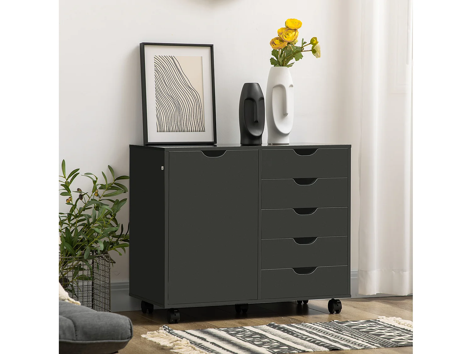Caisson rangement bureau support d'imprimante 5 tiroirs porte étagère dim. 78L x 40l x 66H cm noir