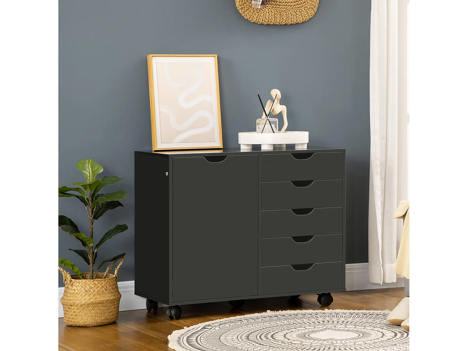 Caisson rangement bureau support d'imprimante 5 tiroirs porte étagère dim. 78L x 40l x 66H cm noir