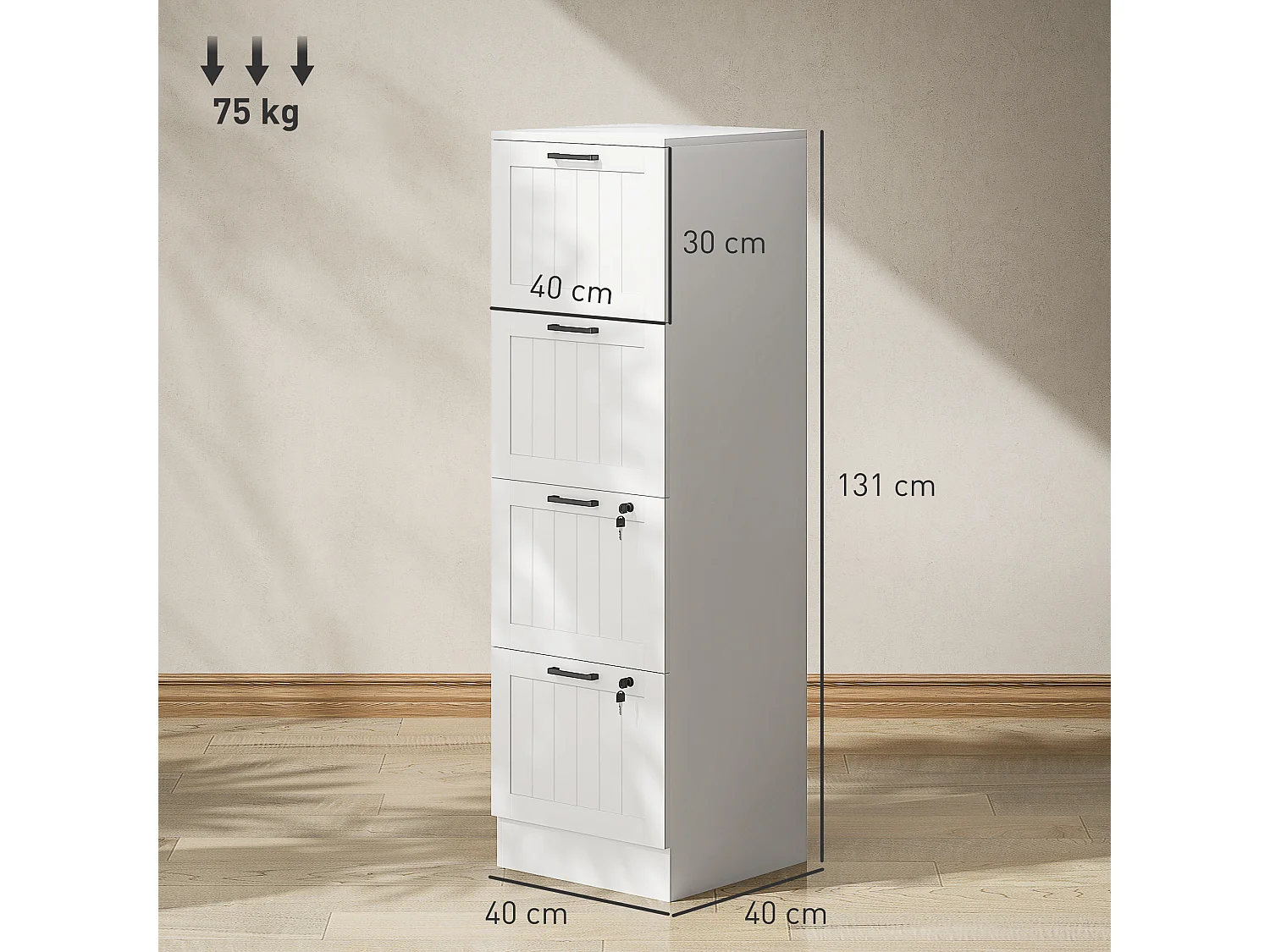 Caisson bureau 2+2 tiroirs verrouillables dossiers suspendus dim. 40x40x131cm MDF blanc