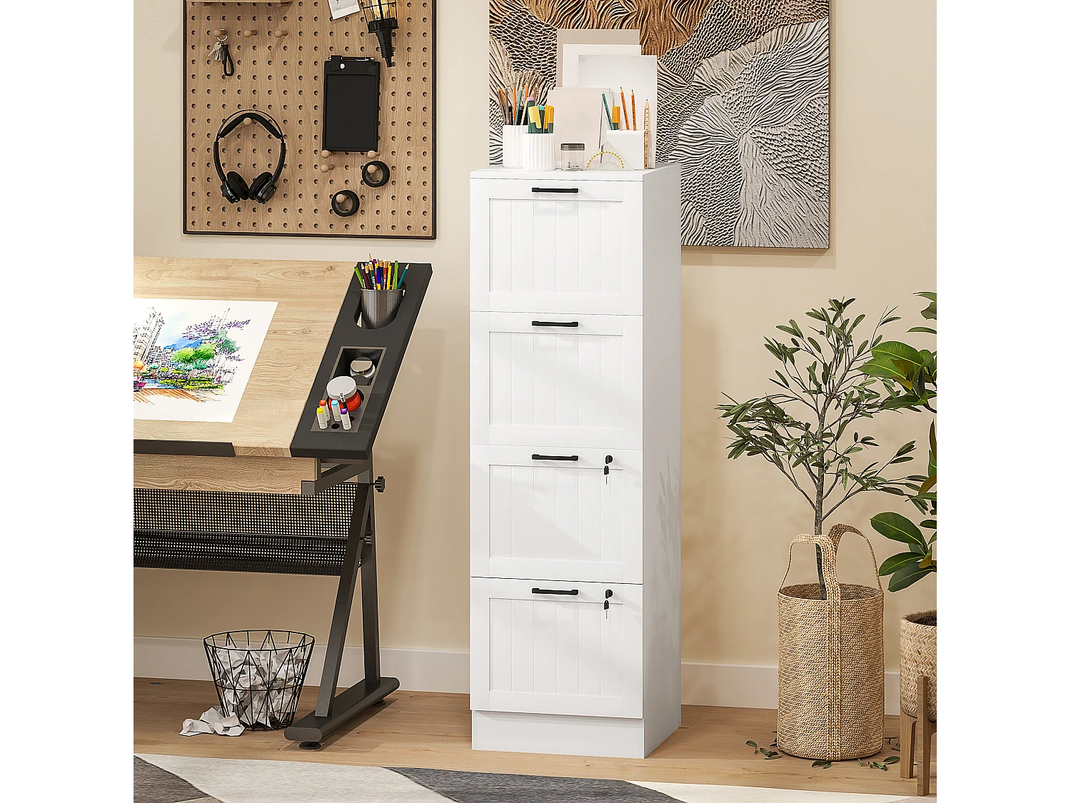 Caisson bureau 2+2 tiroirs verrouillables dossiers suspendus dim. 40x40x131cm MDF blanc