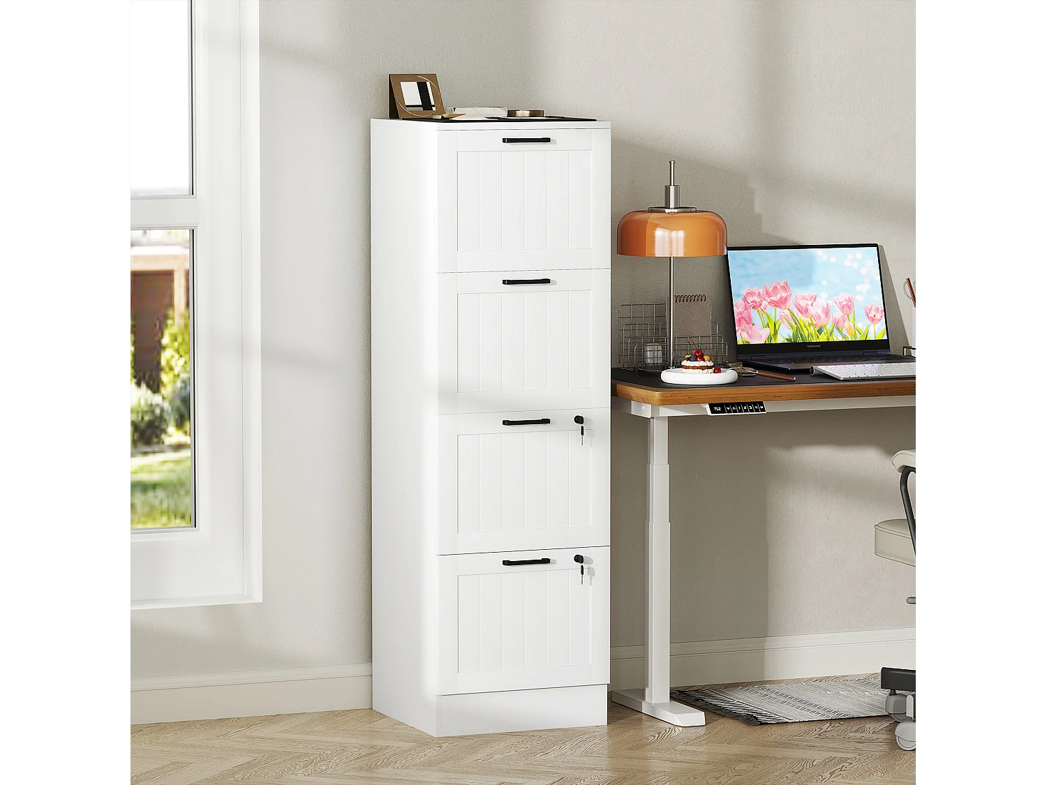 Caisson bureau 2+2 tiroirs verrouillables dossiers suspendus dim. 40x40x131cm MDF blanc