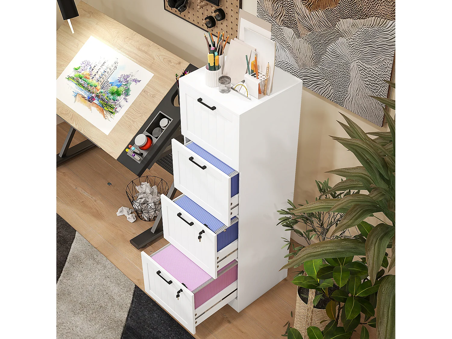 Caisson bureau 2+2 tiroirs verrouillables dossiers suspendus dim. 40x40x131cm MDF blanc