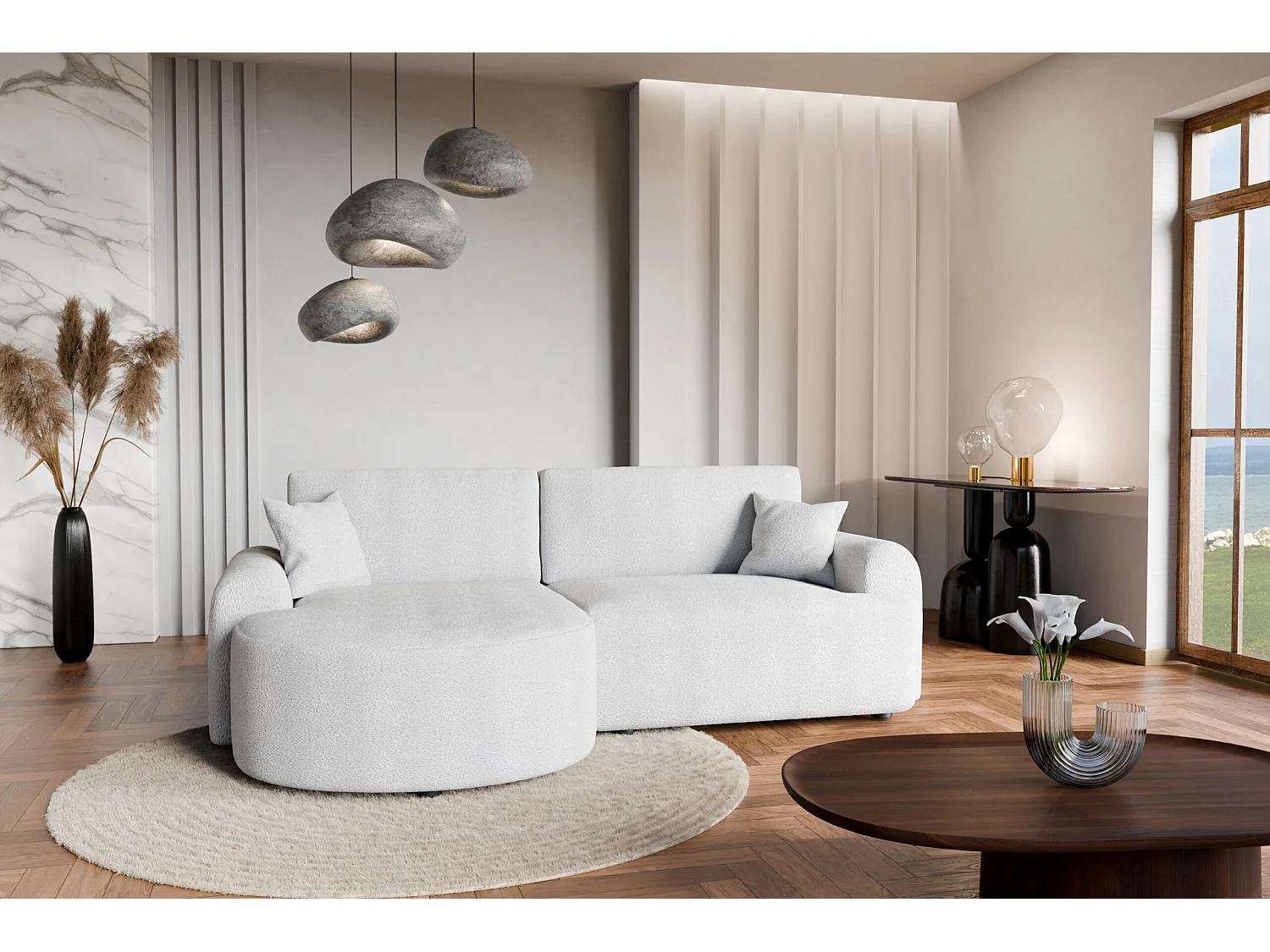 Canapé d’angle gauche moderne avec fonction couchage en bouclé blanc – ARTE PREMIUM, direct fabricant
