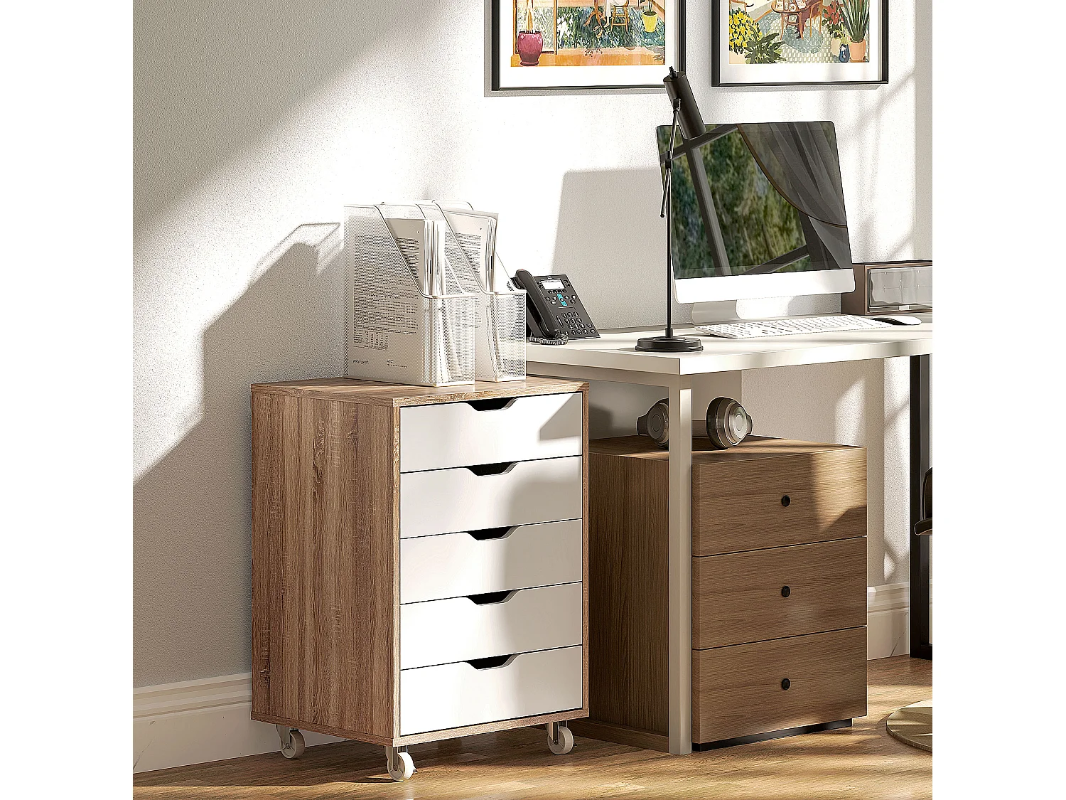 Caisson bureau - rangement bureau 7 tiroirs - dim. 47,5L x 39,5l x 90H cm - effet bois blanc