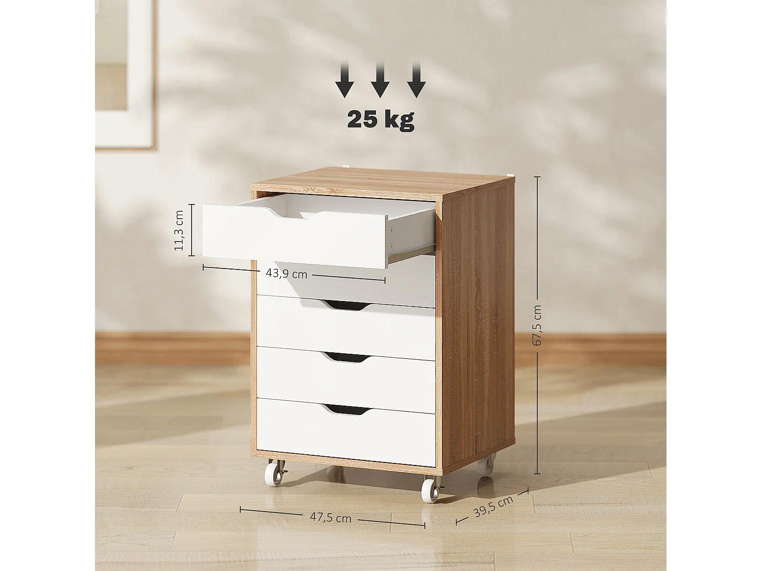 Caisson bureau - rangement bureau 7 tiroirs - dim. 47,5L x 39,5l x 90H cm - effet bois blanc