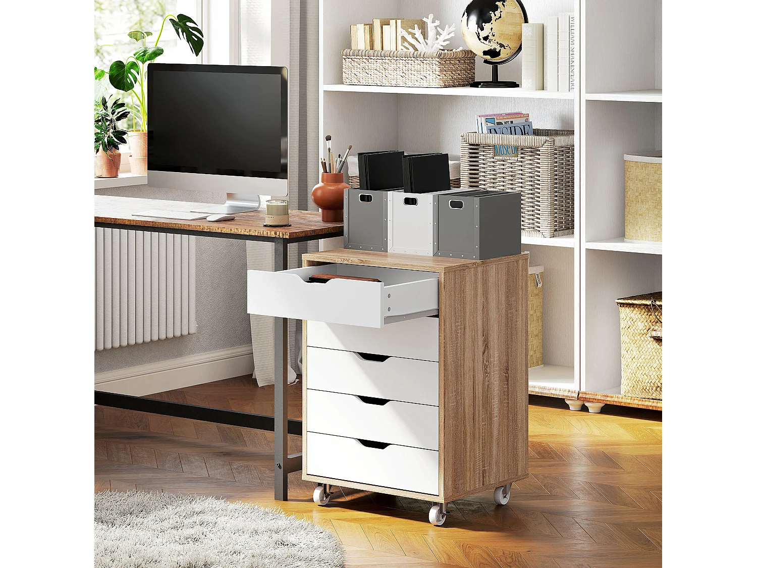 Caisson bureau - rangement bureau 7 tiroirs - dim. 47,5L x 39,5l x 90H cm - effet bois blanc