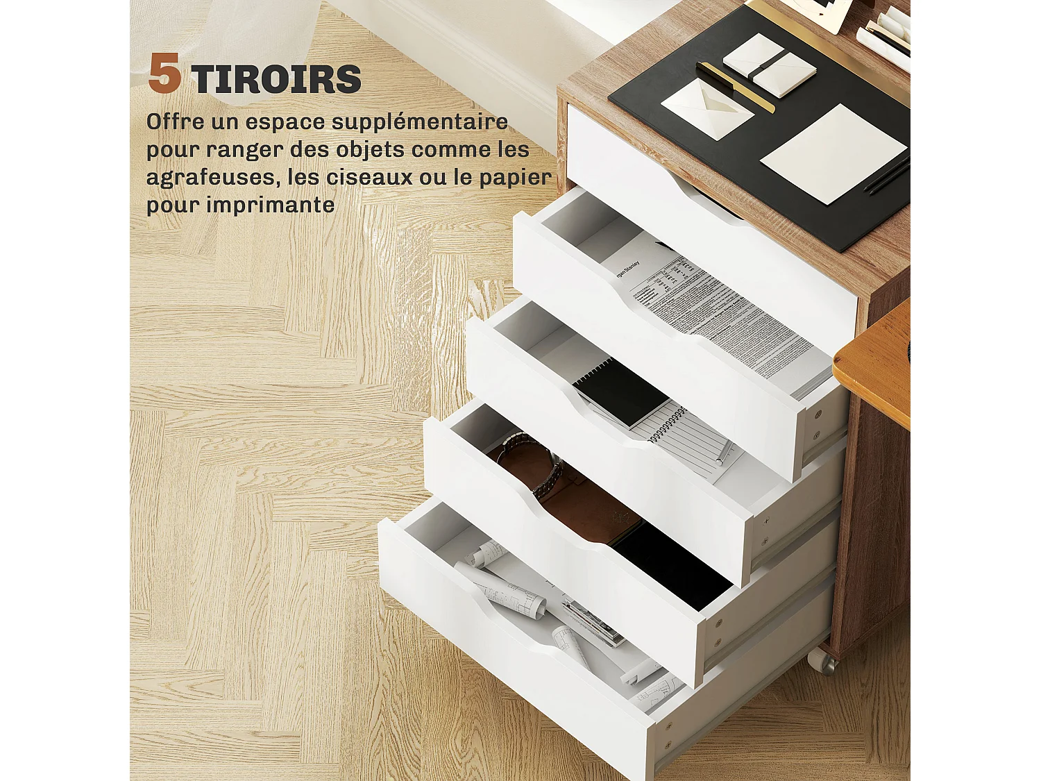Caisson bureau - rangement bureau 7 tiroirs - dim. 47,5L x 39,5l x 90H cm - effet bois blanc