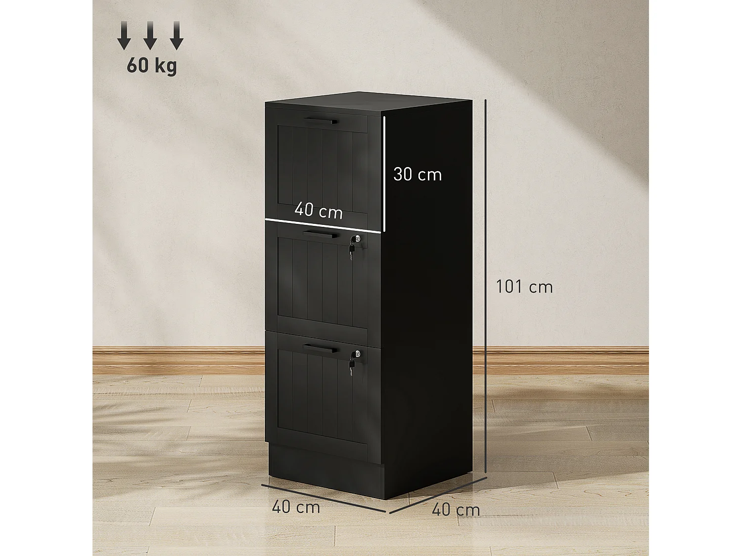 Caisson bureau 2+1 tiroir verrouillable dossiers suspendus dim. 40x40x101cm MDF noir