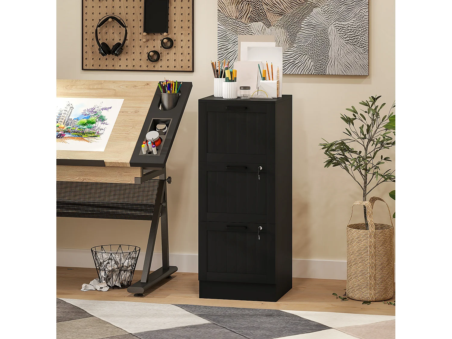 Caisson bureau 2+1 tiroir verrouillable dossiers suspendus dim. 40x40x101cm MDF noir